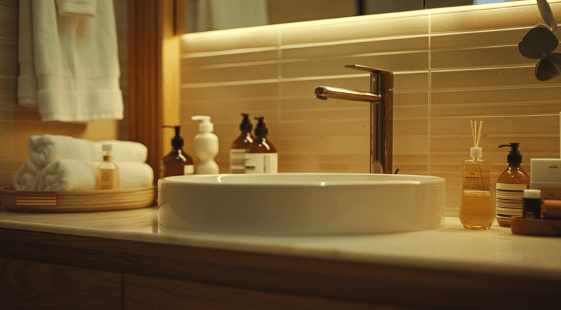 Round vessel sink with rose gold tap on stone vanity