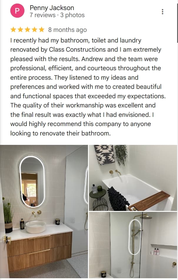 Modern bathroom renovation in Canberra, Australia with stylish fixtures and finishes.