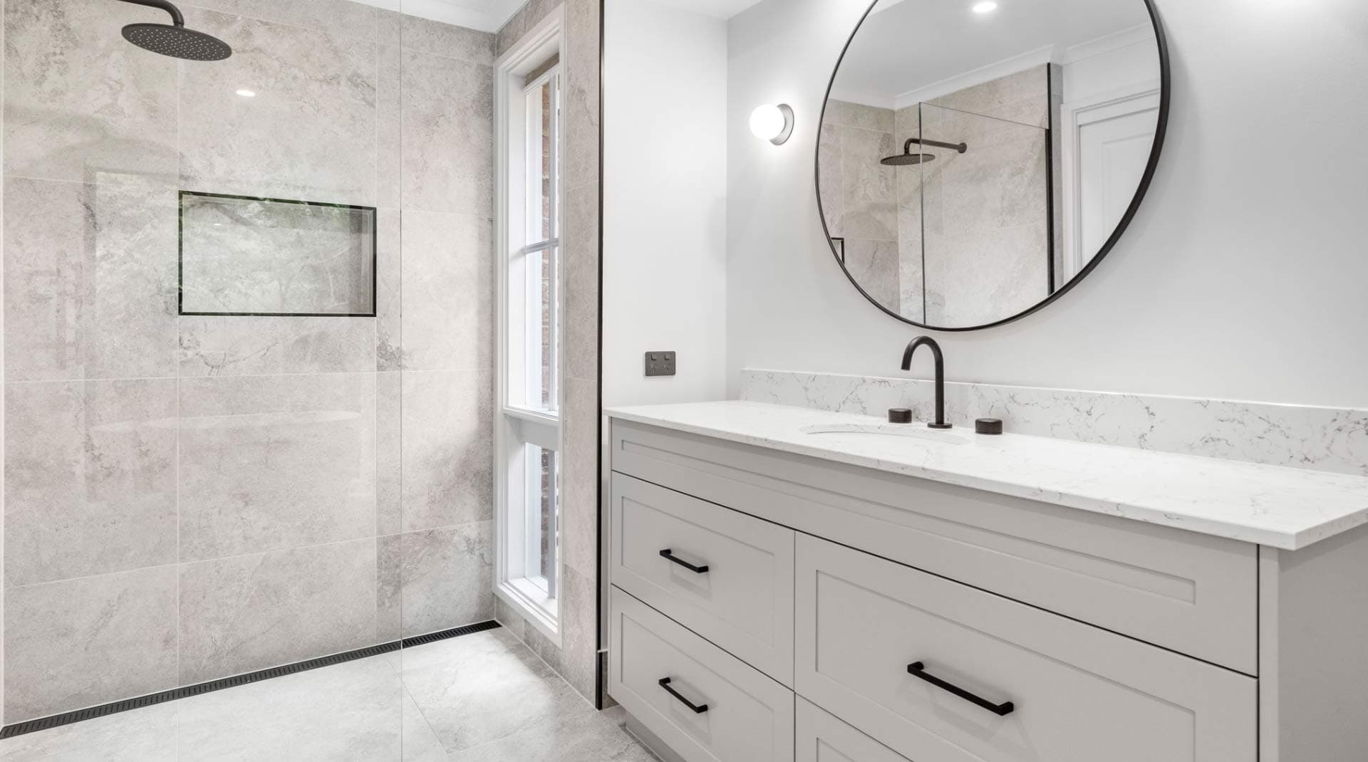 Contemporary Canberra bathroom with walk-in shower and double vanity